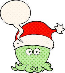 cartoon octopus wearing christmas hat with speech bubble in comic book style