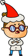 hand drawn textured cartoon of a annoyed woman wearing santa hat