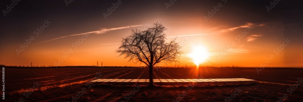 Aufkleber the sun is setting behind a tree in a field. ai generative image.