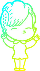 cold gradient line drawing of a cartoon squinting girl