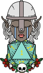 Retro Tattoo Style sad elf fighter character with natural one d20 roll