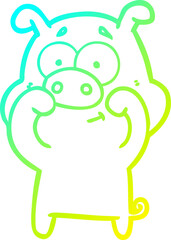 cold gradient line drawing of a happy cartoon pig