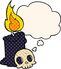 cartoon skull and candle with thought bubble in comic book style