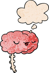 happy cartoon brain with thought bubble in grunge texture style