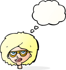 cartoon woman wearing spectacles with thought bubble
