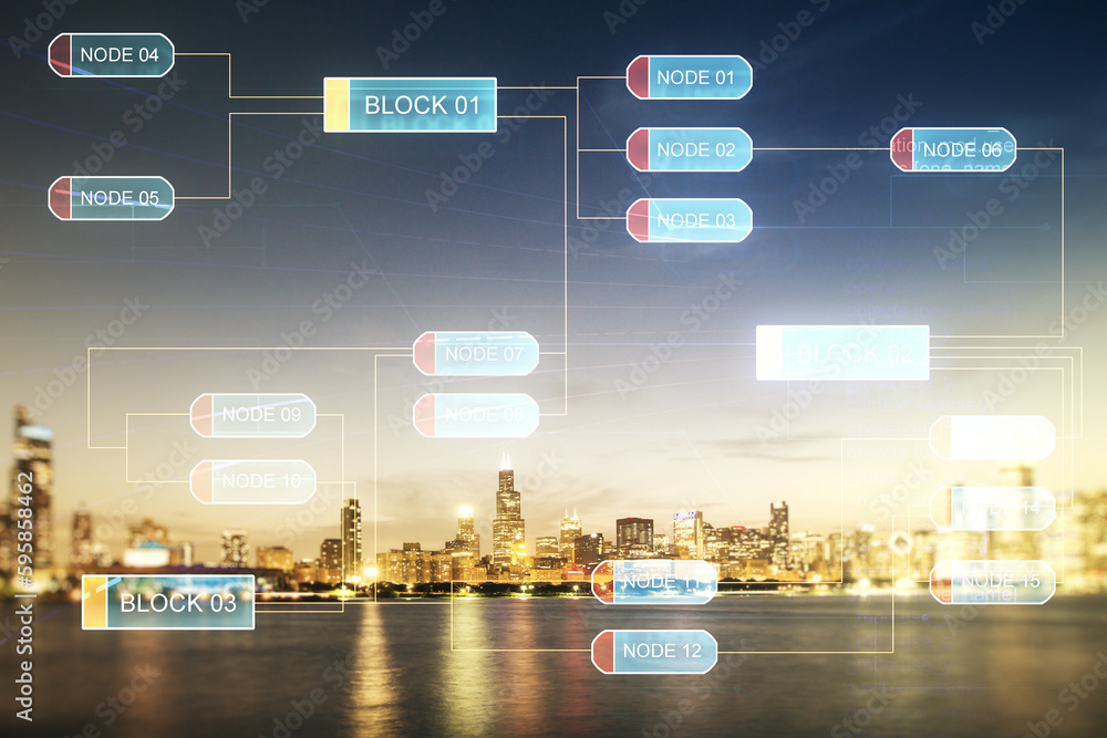 Poster double exposure of abstract programming language interface on chicago city skyscrapers background, r