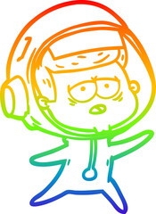rainbow gradient line drawing of a cartoon tired astronaut