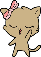 cartoon cat with bow on head waving