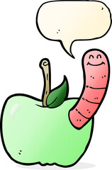 cartoon apple with worm with speech bubble