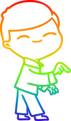 rainbow gradient line drawing of a cartoon smiling boy pointing