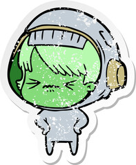 distressed sticker of a angry cartoon space girl with hands on hips