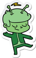 sticker of a friendly cartoon spaceman dancing