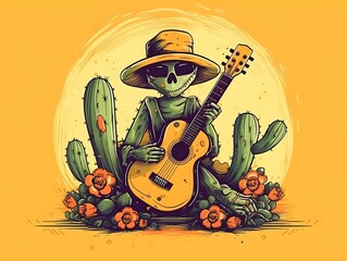 AI Generated image of mexican style cactus and guitar