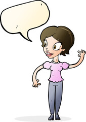 cartoon woman waving with speech bubble