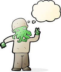 cartoon cool alien with thought bubble