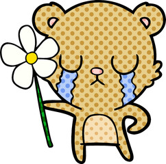 crying cartoon bear with flower