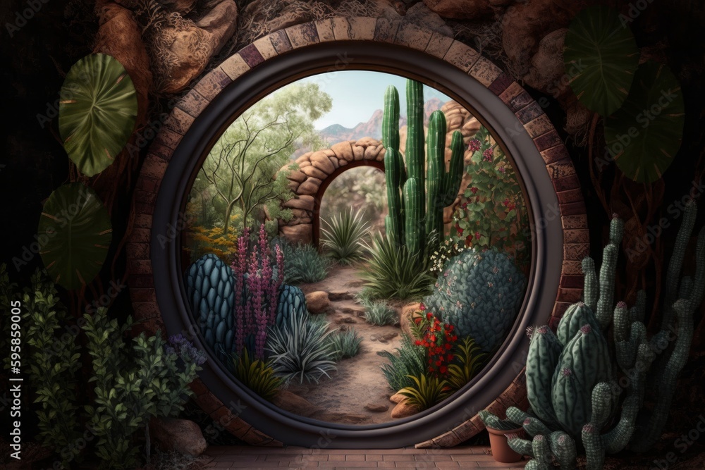 Poster generative ai render of a cactus garden in a round window frame