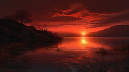 Fototapeta na wymiar Red sunset near the river with trees and birds photorealistic. AI generated