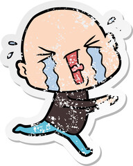 distressed sticker of a cartoon crying bald man