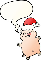 cartoon happy christmas pig with speech bubble in smooth gradient style