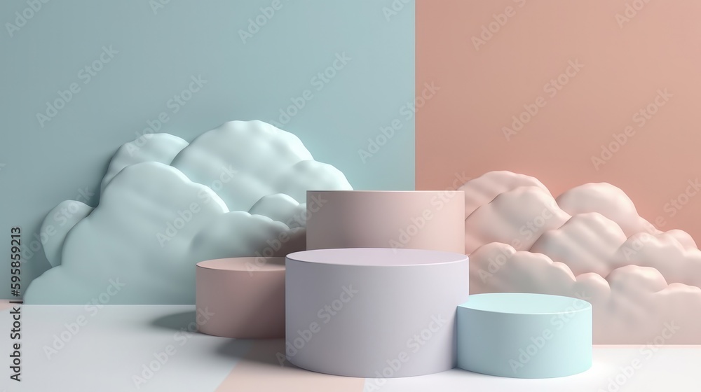 Poster mock up minimal pink and blue pedestal design for product show, 3d rendering. generative ai