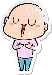 distressed sticker of a happy cartoon bald man