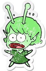 distressed sticker of a cartoon shocked alien girl