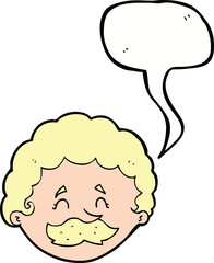 cartoon man with mustache with speech bubble
