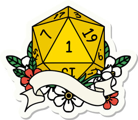 sticker of a natural one d20 dice roll
