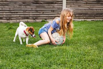 happy me girl with long hair takes the ball from the jack russell terrier. family weekend