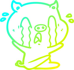 cold gradient line drawing of a crying pig cartoon