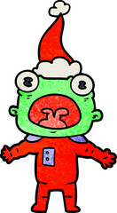 hand drawn textured cartoon of a weird alien communicating wearing santa hat