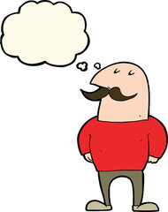 cartoon bald man with mustache with thought bubble