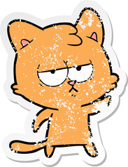 distressed sticker of a bored cartoon cat