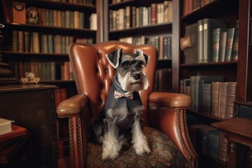 Fototapeta na wymiar A dog sitting in a chair in a library. AI generative image.