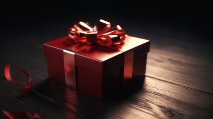 Gift box with red bow on dark background. Valentine's Day gift, Happy Women's Day, Birthday present. Generative ai