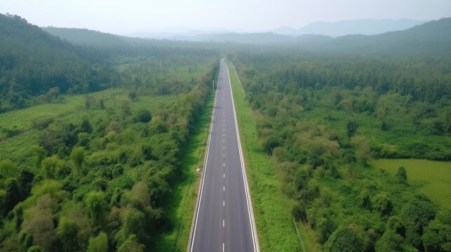 Aerial view countryside highway asphalt road with forest. Generative AI