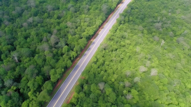 Aerial view countryside highway asphalt road with forest. Generative AI