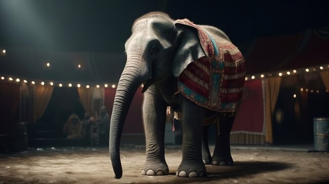 Sad elephant wearing clothes suffering in circus captivity. Generative ai
