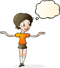 cartoon woman with arms spread wide with thought bubble