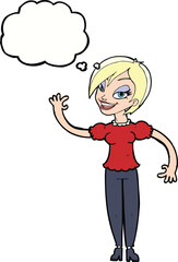 cartoon woman waving with thought bubble