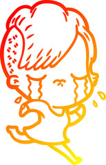 warm gradient line drawing of a cartoon crying girl running away