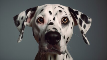 Portrait of an adorable Dalmatian dog with different colored eyes looking curiously at the camera. Generative ai