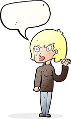 cartoon waving woman with speech bubble