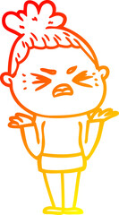 warm gradient line drawing of a cartoon angry woman