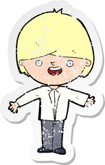 retro distressed sticker of a cartoon happy boy with open arms