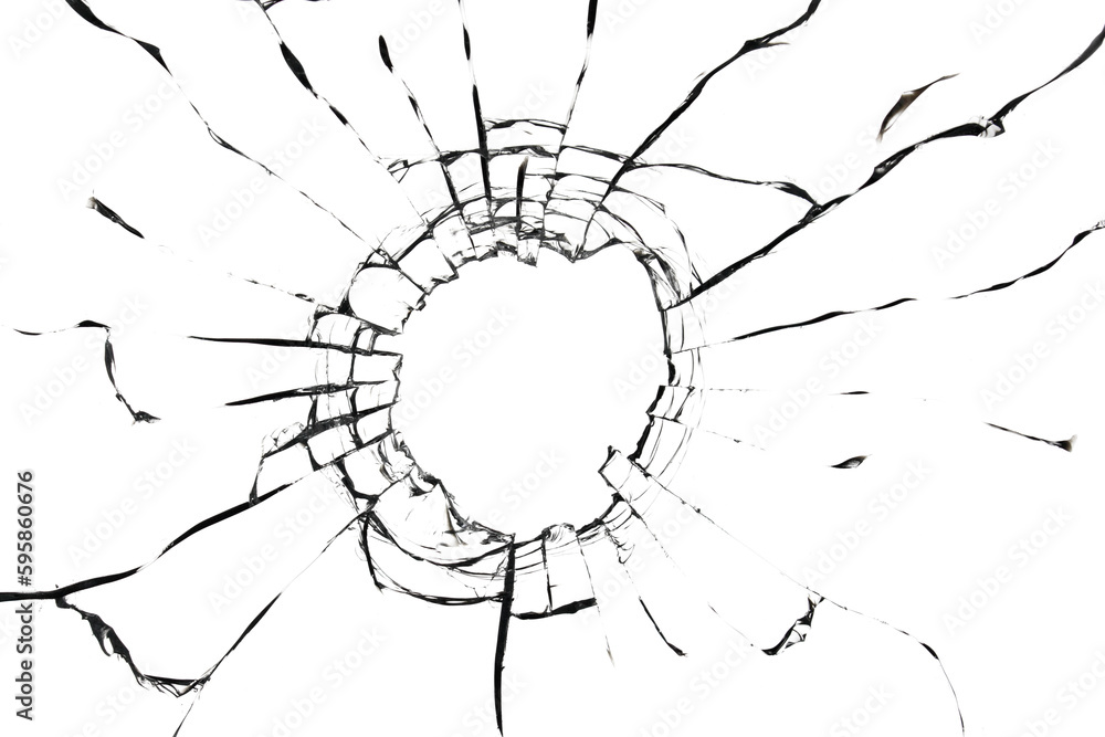 Poster cracks on a broken window. texture of broken glass on a white background