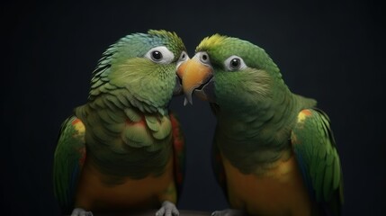Studio portrait of two happy parrots in casual clothes kissing? Generative ai
