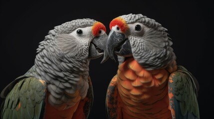 Obraz premium Studio portrait of two happy parrots in casual clothes kissing? Generative ai