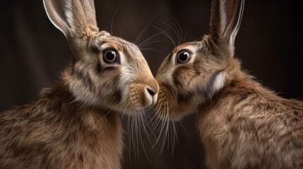 Studio portrait of two hares in casual clothes kissing. Generative ai